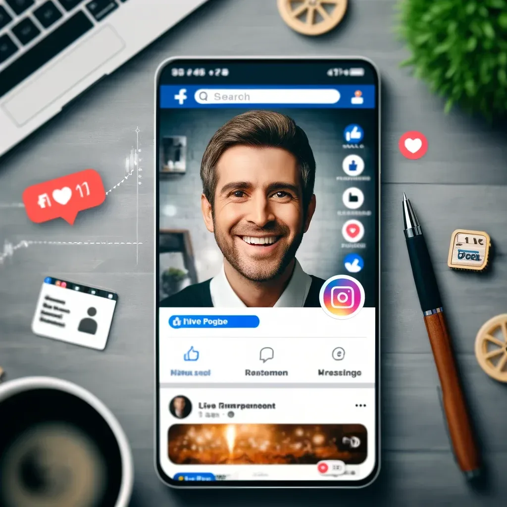 Imagen que muestra la página de Facebook de un emprendedor en redes de mercadeo, con publicaciones atractivas, un video en vivo, y Reels. El fondo incluye un laptop y un smartphone, sugiriendo actividad en redes sociales. La temática es profesional y vibrante, enfocada en el compromiso y la interacción.