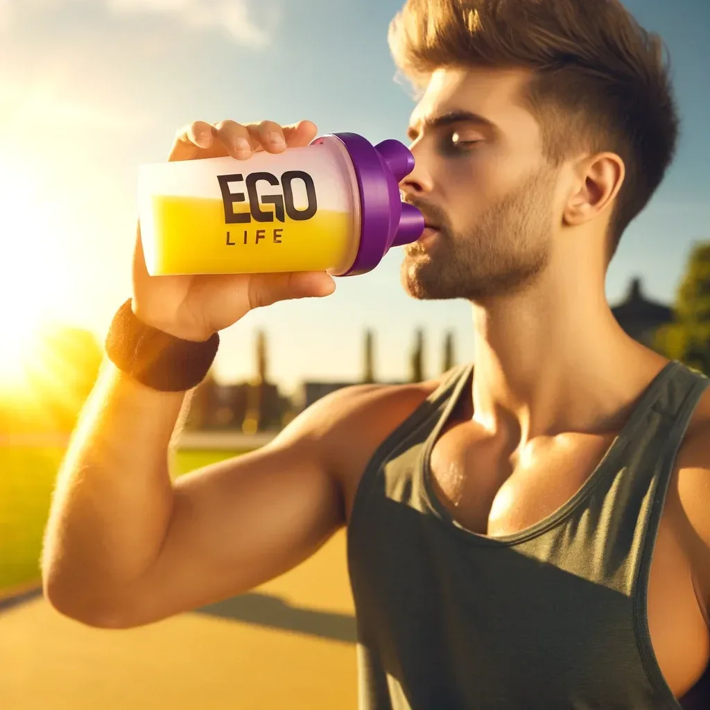 Persona bebiendo Ego Life de un shaker deportivo morado con líquido amarillo, representando Ego Life, después de realizar actividad física bajo el sol, para rehidratarse. La escena es al aire libre con un fondo soleado, destacando la importancia de la hidratación y reposición de electrolitos después del ejercicio en climas calurosos.