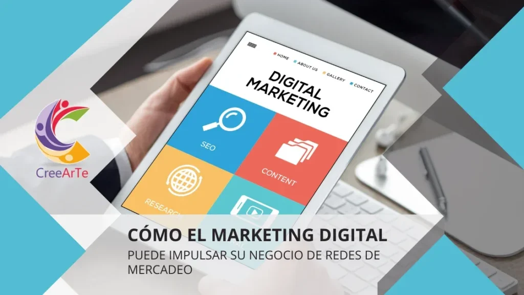 Tablet mostrando una página de marketing digital con iconos de SEO, contenido y otros elementos de marketing.