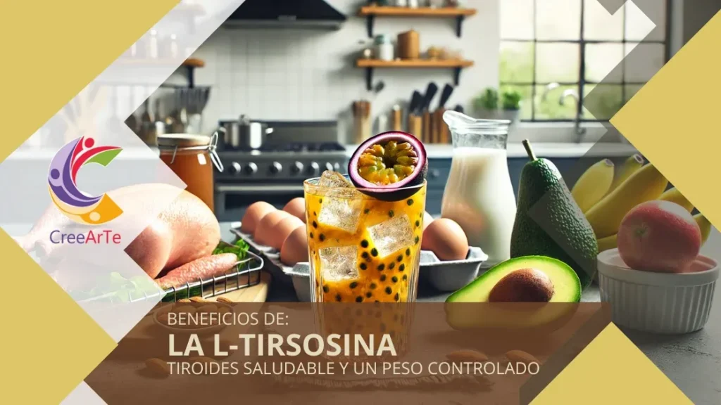 Vaso de té de maracuyá con hielos y una rodaja de maracuyá en el borde, rodeado de alimentos ricos en L-tirosina como pollo, pavo, productos lácteos, almendras, aguacates y plátanos, en una cocina moderna.