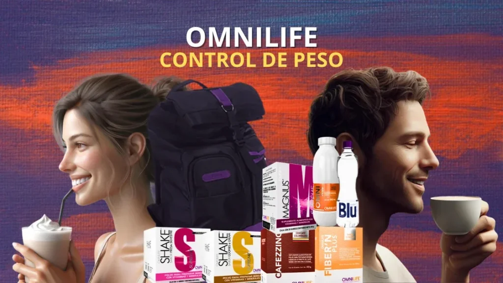 Una mujer y un hombre disfrutando de bebidas Omnilife para el control de peso, rodeados de productos Omnilife