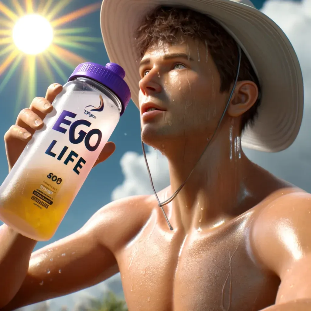 Persona bebiendo Ego Life de Omnilife bajo el sol, con SportMixer morado y líquido amarillo, para prevenir el golpe de calor.