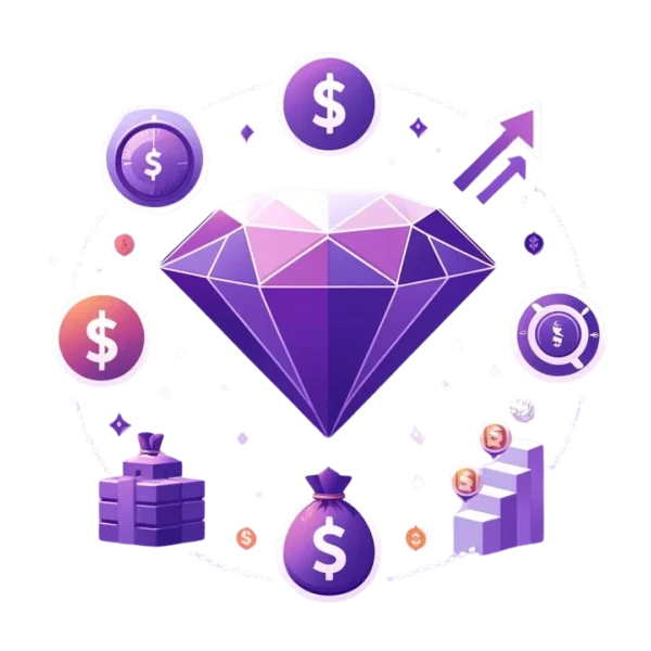 Representación del plan de compensación de Omnilife con un diamante morado en el centro, rodeado de símbolos financieros claros como signos de dólar, flechas ascendentes y bolsas de dinero, en colores lavanda, morado y naranja.