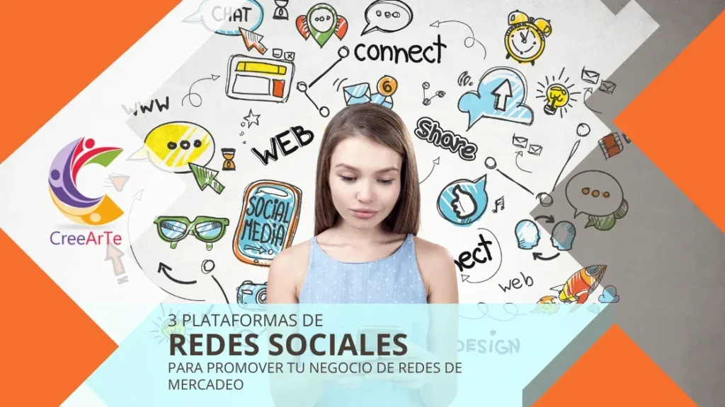 Mujer utilizando su smartphone, rodeada de iconos y gráficos relacionados con redes sociales y marketing en un fondo ilustrativo