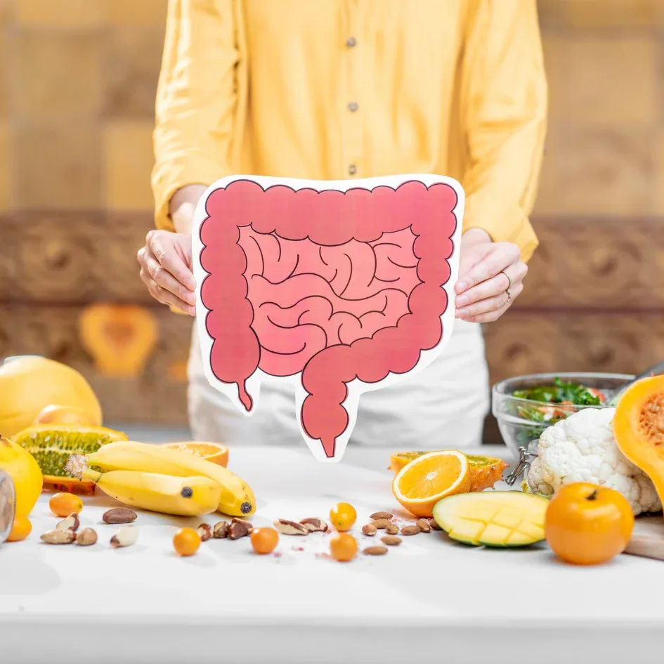 Persona sosteniendo una ilustración del intestino sobre una mesa llena de frutas y verduras.