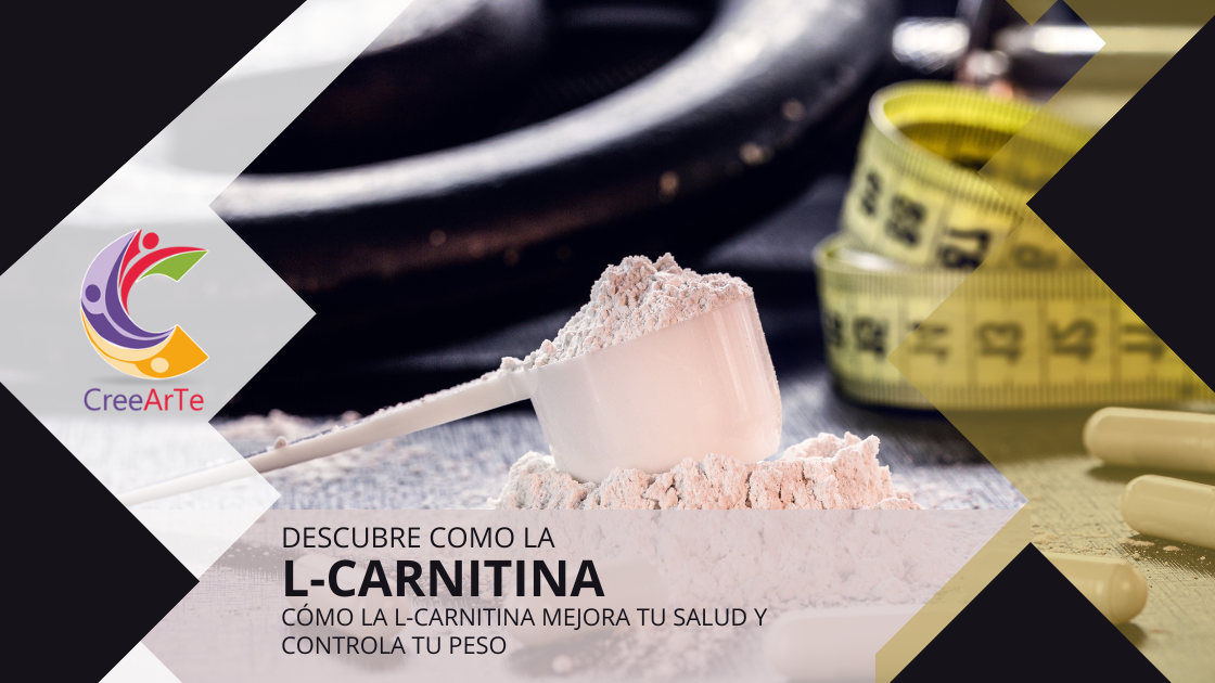 Suplemento de L-carnitina en polvo con una cinta métrica y cápsulas, resaltando su uso para la salud y el control de peso.