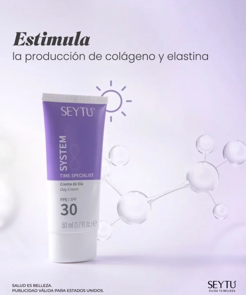 Crema de Día FPS 30 System Time Specialist de SeyTú con fondo molecular.