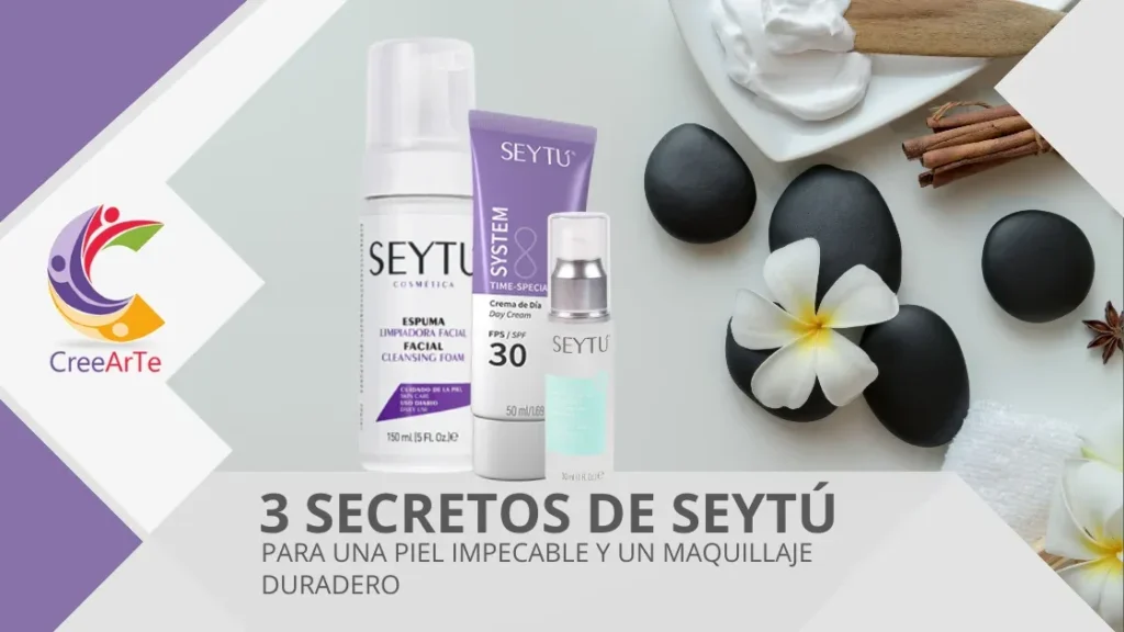 Tres productos de cuidado facial SeyTú sobre un fondo de spa