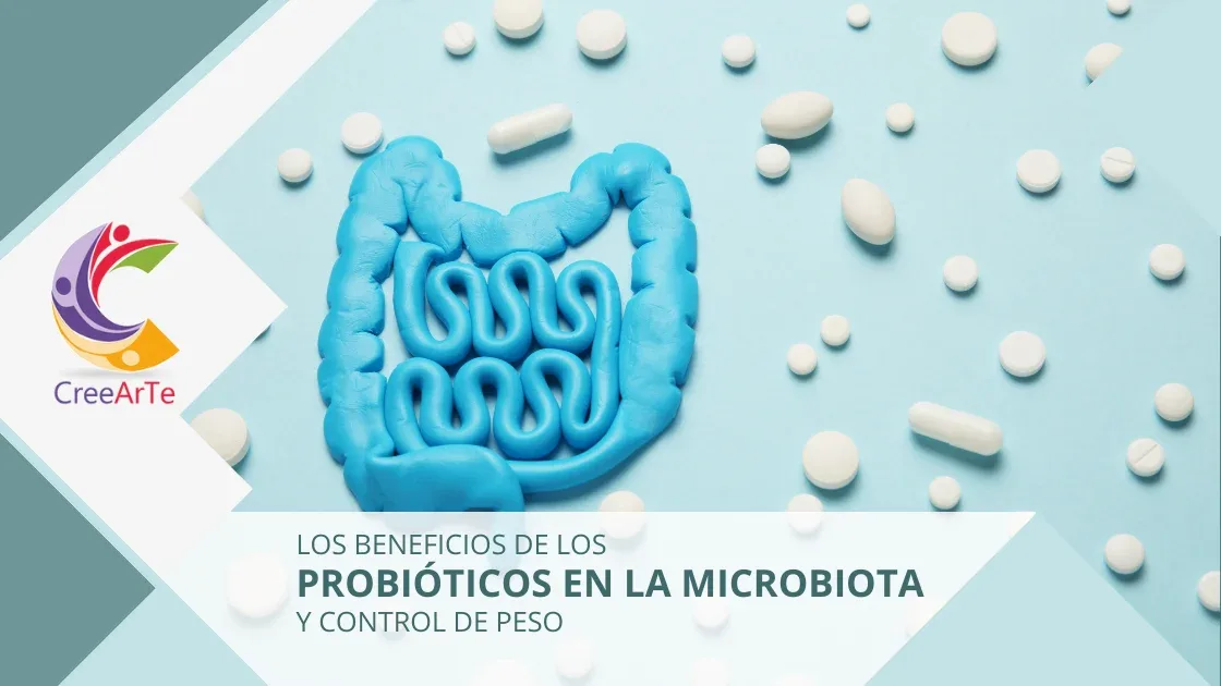 Ilustración de intestino rodeada de probióticos en forma de píldoras y cápsulas.