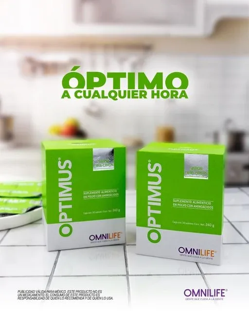 Producto Optimus de Omnilife en una cocina moderna.