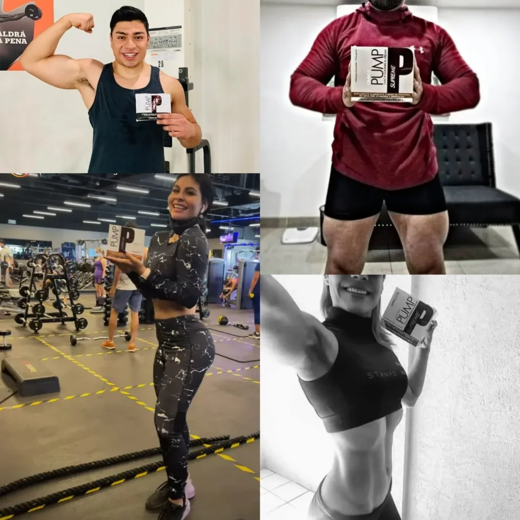 Testimonios de usuarios satisfechos mostrando la Proteína Pump de Omnilife en diferentes entornos de gimnasio.