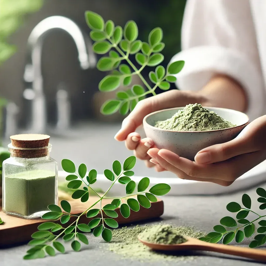 Hojas de moringa y polvo de moringa en un frasco y un tazón, con una persona realizando una rutina de limpieza facial en un baño moderno y bien iluminado.

