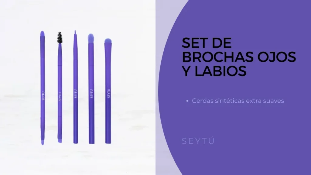 Set especializado para ojos y labios con 5 brochas, dos de ellas de doble punta, para un maquillaje profesional y preciso.