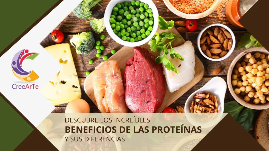 Una selección de alimentos ricos en proteínas, incluyendo carne, pescado, pollo, nueces, vegetales y legumbres, dispuestos en una tabla de cortar de madera.