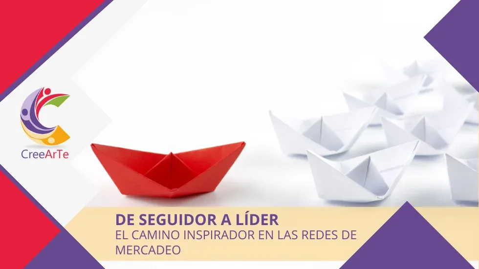 Un barco de papel rojo liderando una fila de barcos de papel blancos, representando la transición de seguidor a líder en las redes de mercadeo.