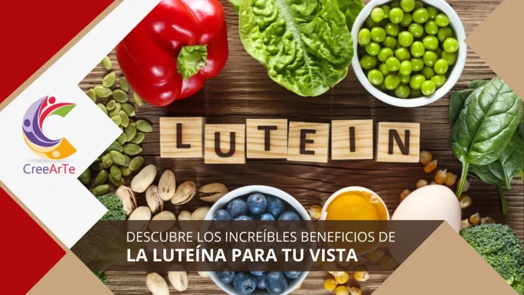 Alimentos ricos en luteína con bloques de madera que forman la palabra "LUTEIN".