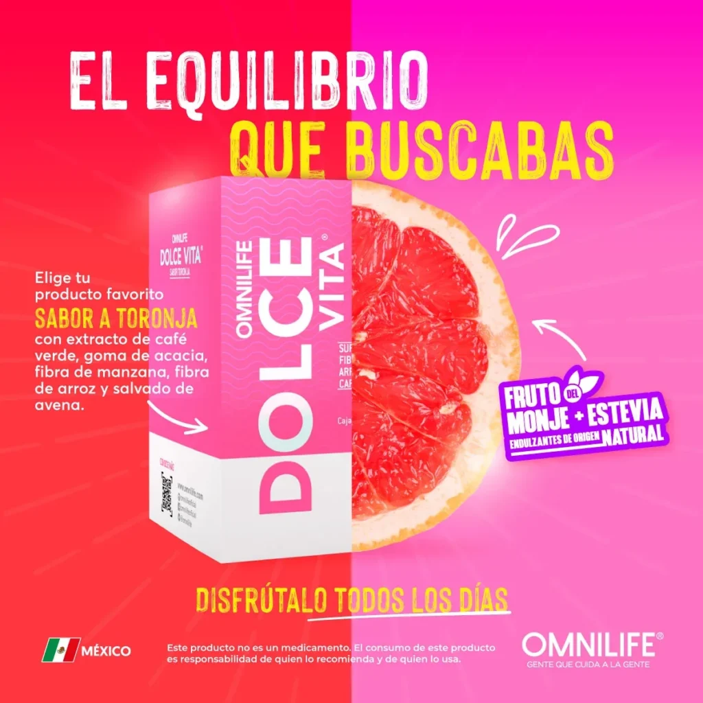 Producto Omnilife Dolce Vita sabor toronja junto a una mitad de toronja fresca, con la leyenda 'El equilibrio que buscabas'.