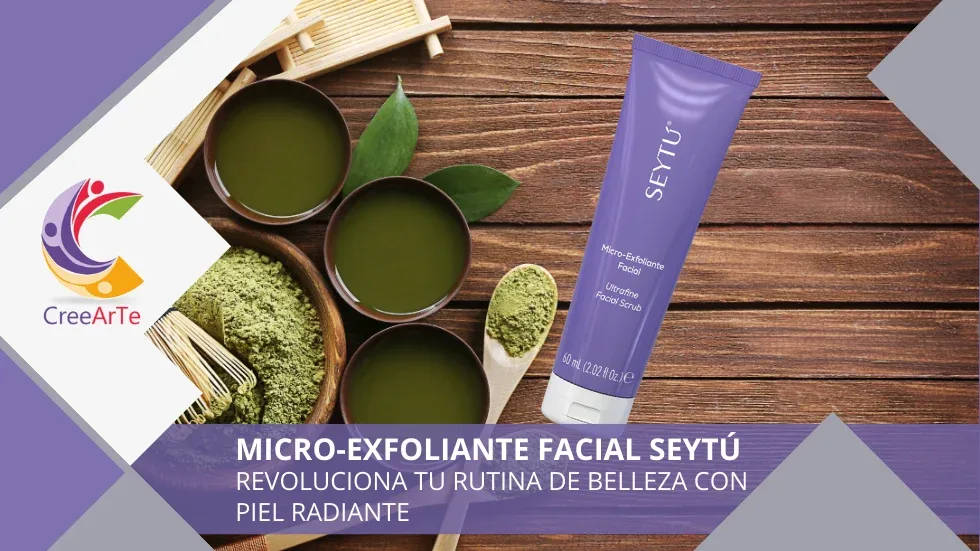 Tubo de Micro-Exfoliante Facial SeyTú junto a tazones de té verde en un fondo de madera.