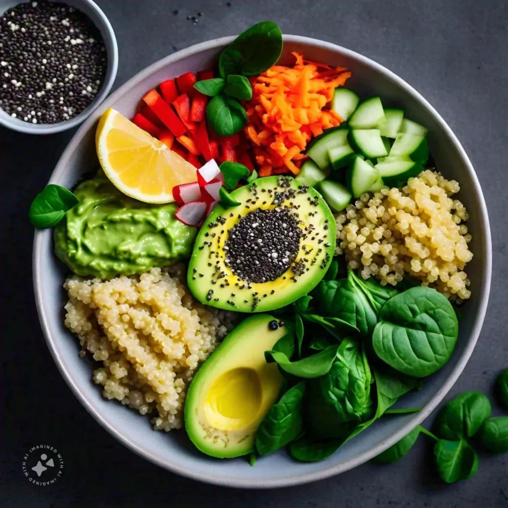 Ensalada colorida y saludable con aguacate, quinoa, espinacas, pepino, zanahoria, pimiento rojo y rábanos, adornada con semillas de chía y un trozo de limón.