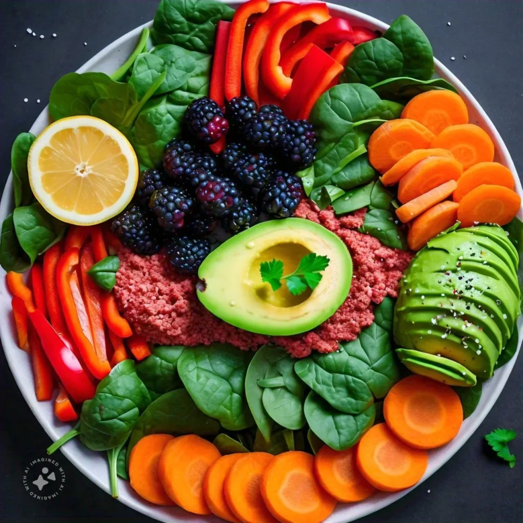 Ensalada vibrante con espinacas frescas, zanahorias, aguacate, moras, pimiento rojo, limón y quinoa.