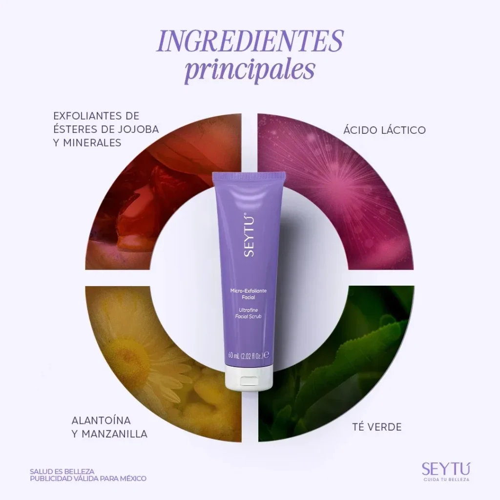 Tubo de Micro-Exfoliante Facial de SeyTú con un gráfico circular que destaca sus ingredientes principales.