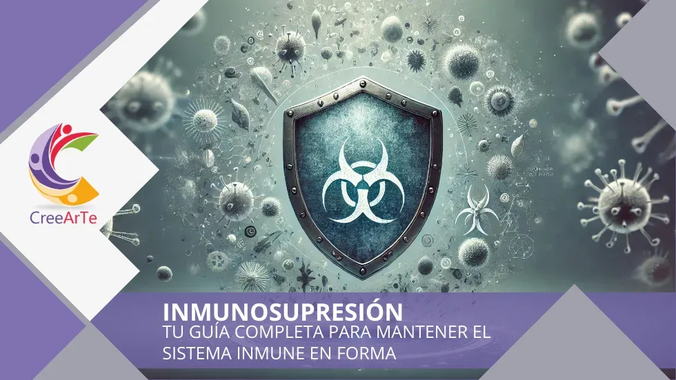 Escudo metálico con un símbolo de bioseguridad en medio de una nube de virus, representando la inmunosupresión y la protección del sistema inmune.