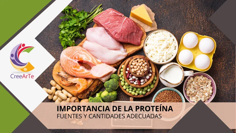 Una selección de alimentos ricos en proteínas, como carne, pescado, huevos, legumbres, y productos lácteos, dispuestos en una mesa con la frase "Importancia de la proteína: Fuentes y cantidades adecuadas