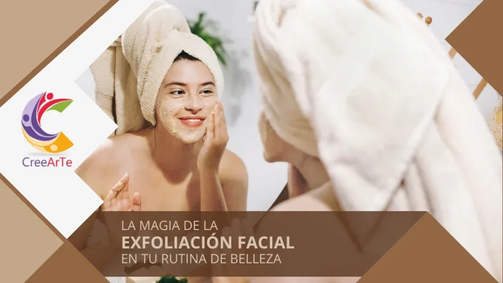 Mujer aplicando exfoliante facial frente a un espejo.