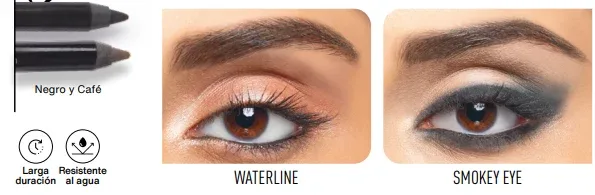 Dos estilos de maquillaje de ojos usando lápiz delineador SeyTú: Waterline y Smokey Eye.