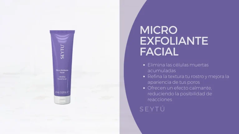 Tubo de micro-exfoliante facial de SeyTú junto a una descripción de beneficios en fondo púrpura.