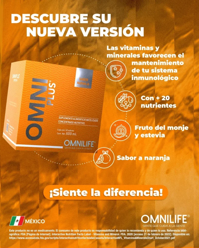 Caja de Omniplus sabor naranja, resaltando sus beneficios para el sistema inmunológico, con más de 20 nutrientes y endulzado con fruto del monje y stevia.