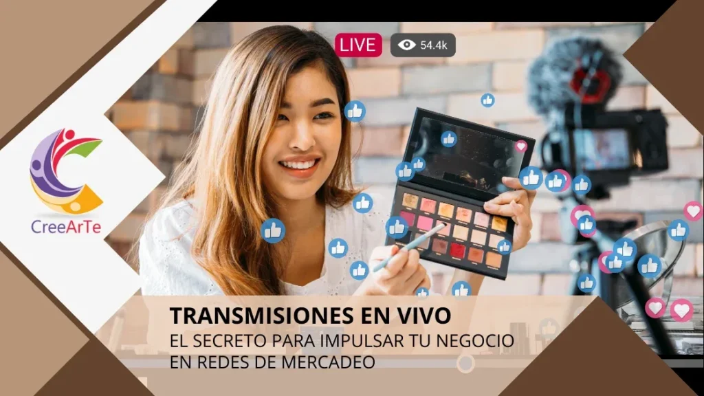 Mujer realizando una transmisión en vivo mientras muestra una paleta de sombras, con íconos de 'me gusta' y corazones flotando alrededor.