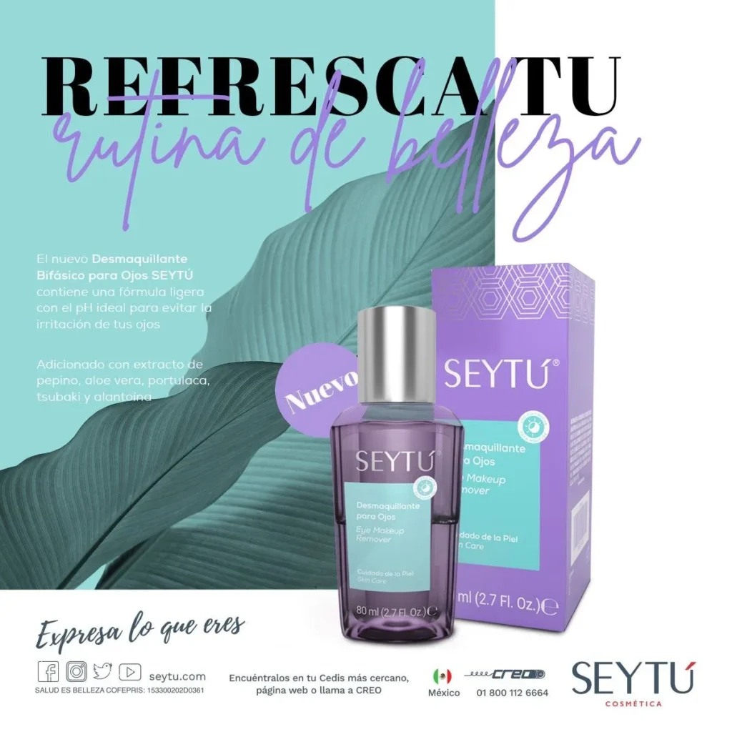 Producto desmaquillante bifásico para ojos de SeyTú, con su caja y fondo de hojas tropicales.