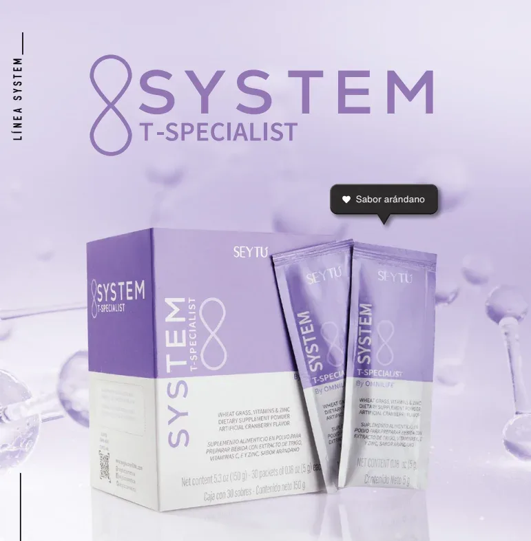 Caja y sobres del suplemento System T-Specialist de SeyTú con sabor arándano