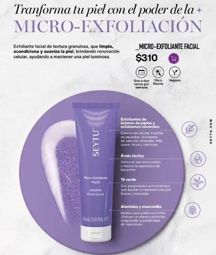 Publicidad de SeyTú para un micro-exfoliante facial con descripción de ingredientes y beneficios.