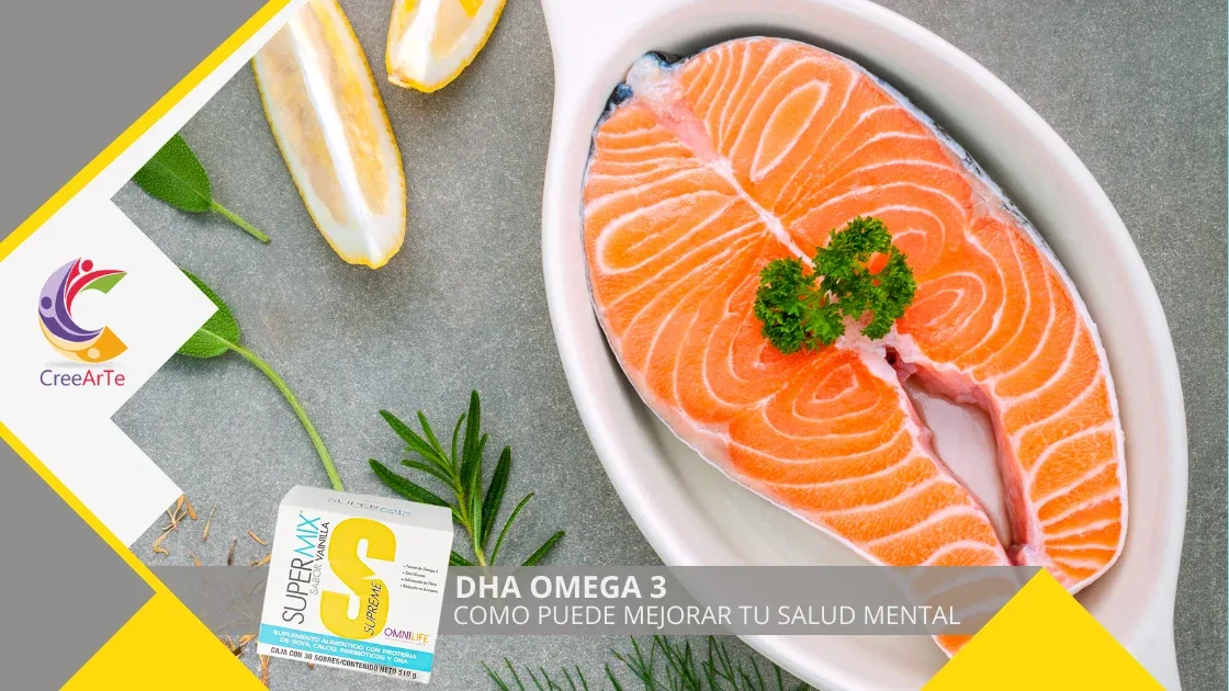 Suplemento de DHA Omega 3 junto a una porción de salmón fresco, fuente natural de omega 3, ideal para mejorar la salud mental