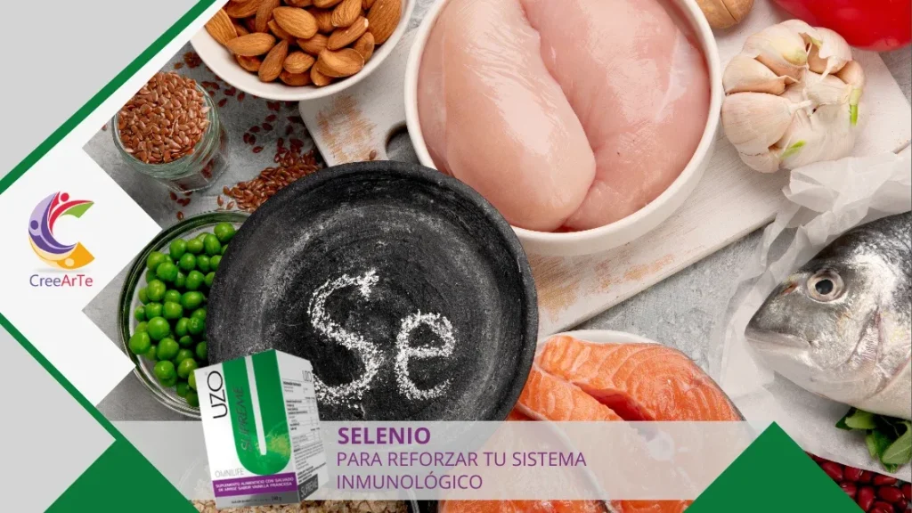 Alimentos ricos en selenio junto a envase de producto promocional.