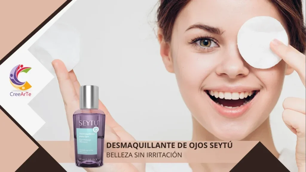 Mujer sonriente removiendo maquillaje con desmaquillante de ojos SeyTú, sin irritación.