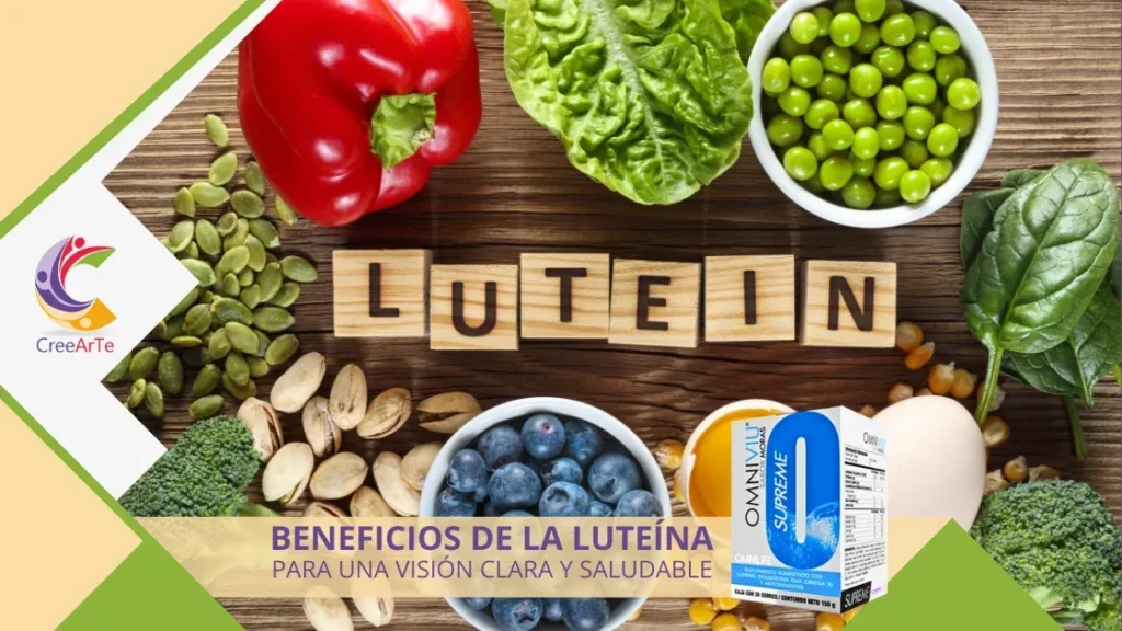 Alimentos ricos en luteína junto a producto Omnilife Supreme, enfocados en mejorar la visión.