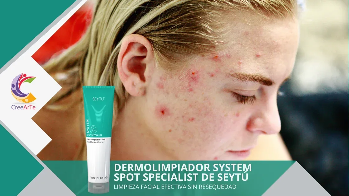 Mujer con acné utilizando el Dermolimpiador System Spot Specialist de SeyTú para limpieza facial efectiva.