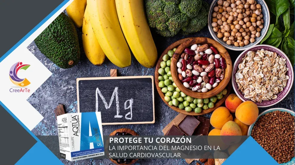 Variedad de alimentos ricos en magnesio como plátanos, aguacates, y legumbres alrededor de una pizarra con el símbolo químico "Mg". A la izquierda, logotipo de CreeArTe y un suplemento de magnesio. En la parte inferior, texto que dice: "PROTEGE TU CORAZÓN - LA IMPORTANCIA DEL MAGNESIO EN LA SALUD CARDIOVASCULAR".