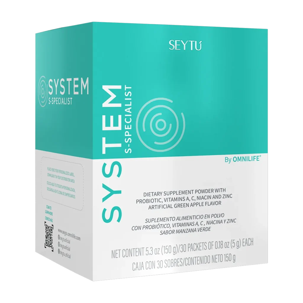 Suplemento S-Specialist de SeyTú en caja verde agua, diseñado para apoyar el microbioma y mejorar la salud de la piel, controlando el sebo y el acné.