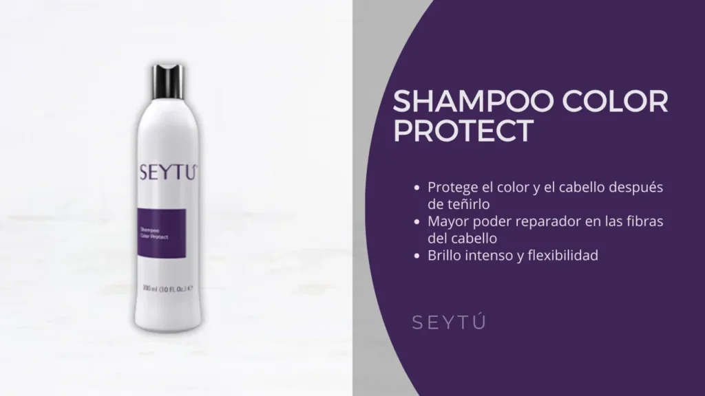 El Shampoo Color Protect SEYTÚ ayuda a mantener el tono del cabello teñido y tratado químicamente, protegiéndolo de la raíz a la punta.