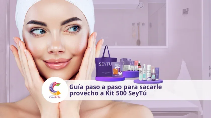 Kit 500 SeyTú con bolsa morada, guía y productos de cuidado facial sobre plataformas lavanda, ideal para rutina y spa facial en casa.