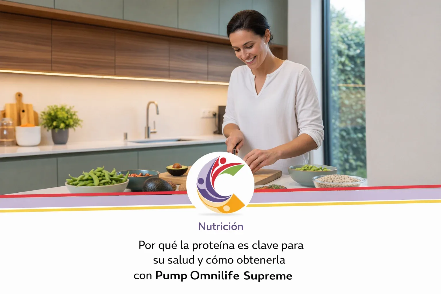 Mujer sonriente en una cocina moderna cortando verduras junto a un banner de Pump Omnilife Supreme