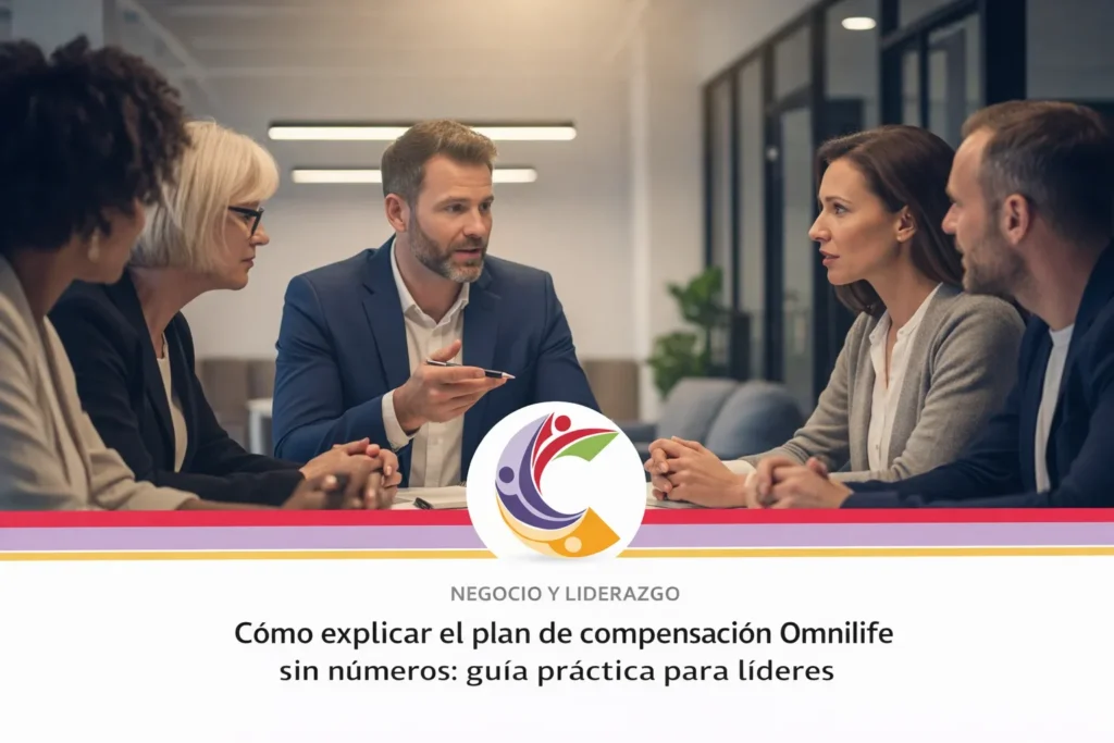 Reunión de negocio: un hombre explica un plan a cuatro colegas alrededor de una mesa; logo colorido y título sobre el plan de compensación Omnilife.