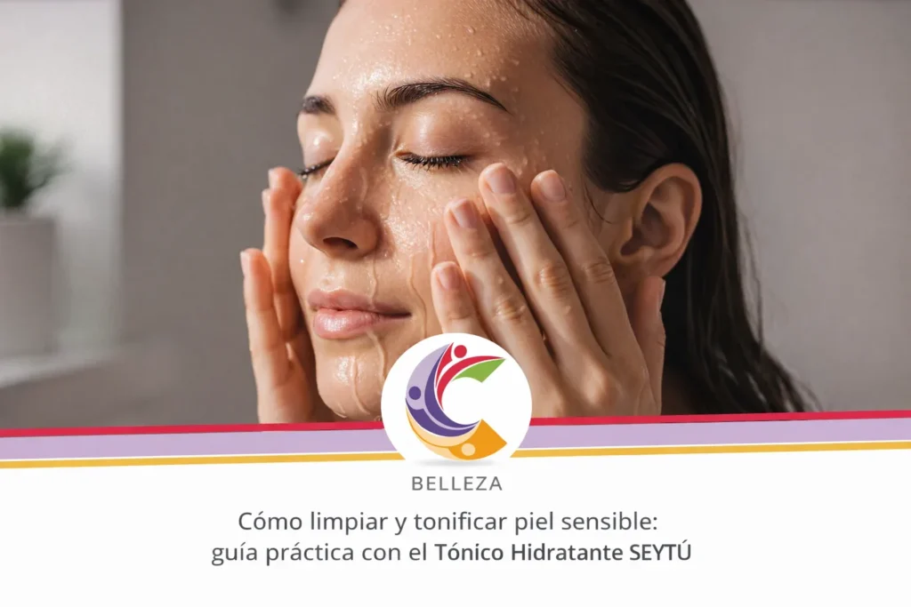 Primer plano de una persona con la piel húmeda aplicándose el rostro, con texto sobre limpieza y tonificación para piel sensible.