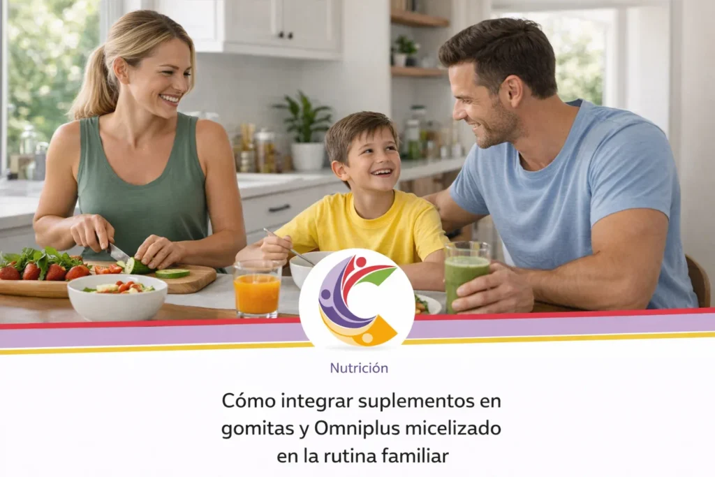 Familia en cocina con desayuno saludable y batido verde, con logo y texto sobre nutrición