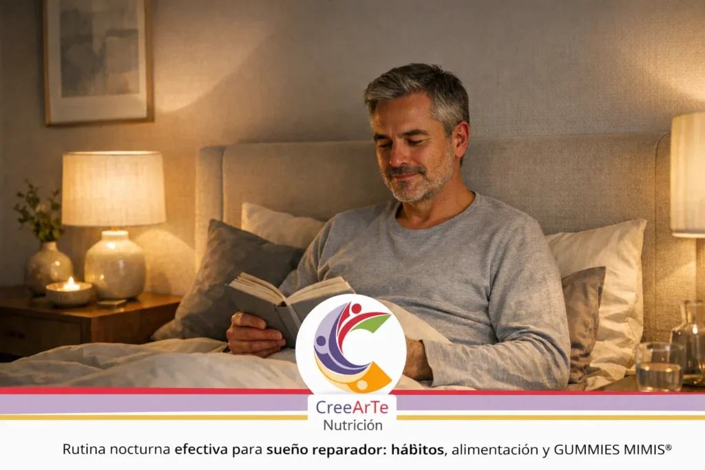 Hombre de mediana edad leyendo un libro en la cama por la noche con luz cálida, logotipo CreeArTe Nutrición y mensaje sobre rutina nocturna.