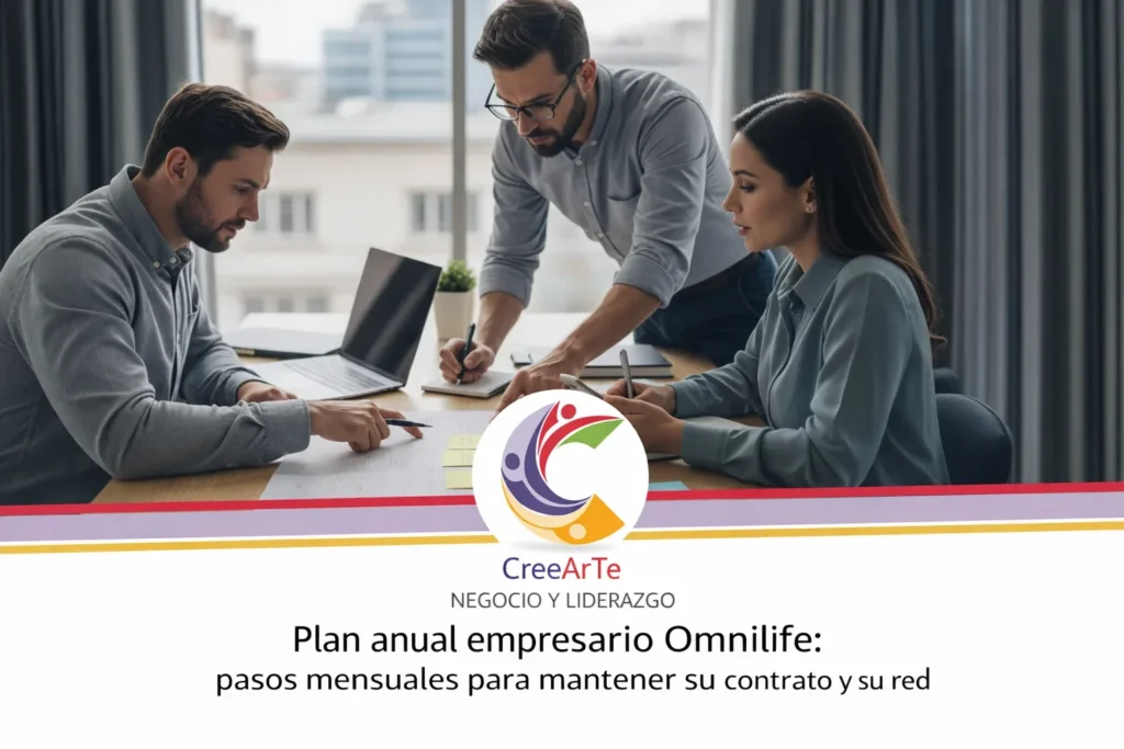 Tres profesionales revisan documentos y trabajan con un portátil en una mesa de oficina; en la parte inferior aparece el logo CreeArTe y el texto Plan anual empresarial Omnilife: pasos mensuales para mantener su contrato y su red.